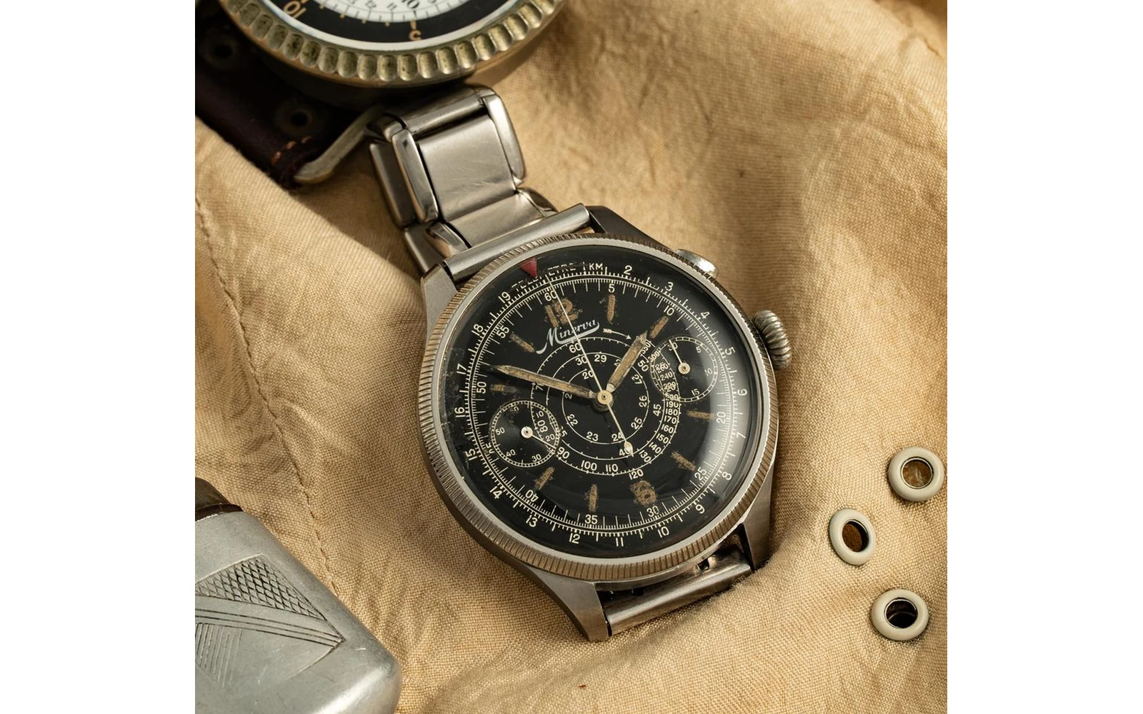 Minerva Minerva OVERSIZE PILOT CHRONO SET FROM THE ORIGINAL FAMILY RARE VINTAGE FULL SET MINERVA SERVICE PICTURES ETC